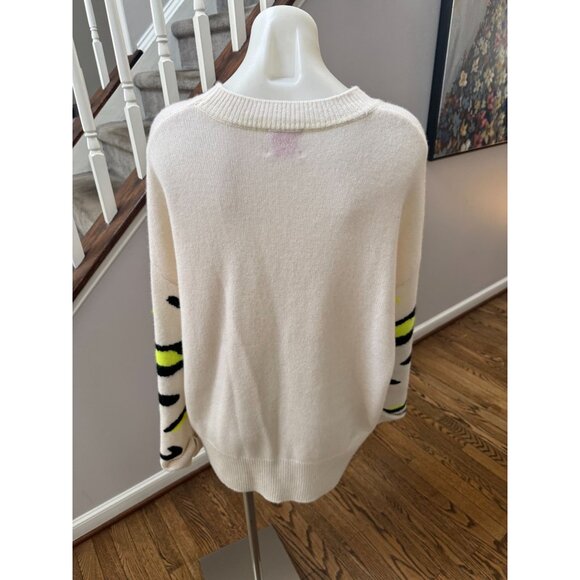 BRODIE CASHMERE Lynx Boyfriend Cashmere Sweater White Leopard Neon Size Medium - Picture 4 of 4